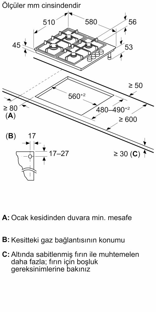 Serie 2 Set Üstü Gazlı Ocak 60 cm Paslanmaz çelik PBP0C5B82O (SADECE İZMİR İÇİ TESLİMAT)